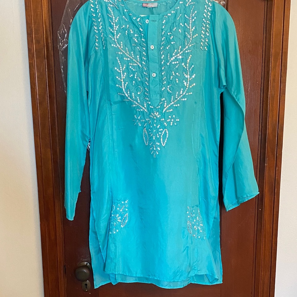 Turquoise Long Sleeve Silk Tunic With Silver Sequins